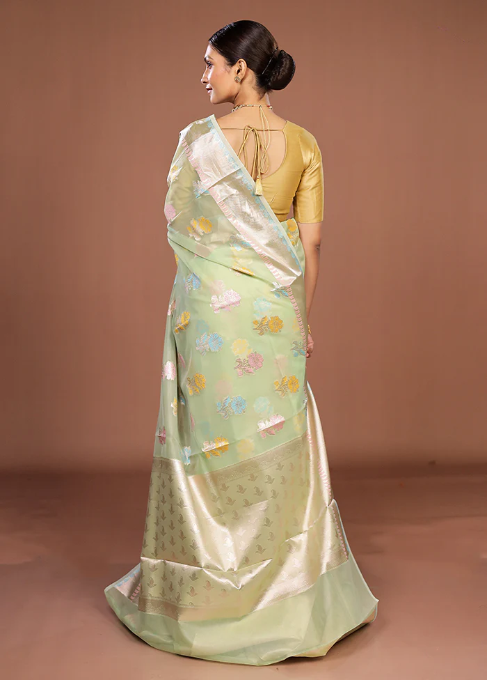 Green Organza Saree With Blouse Piece - Image 3