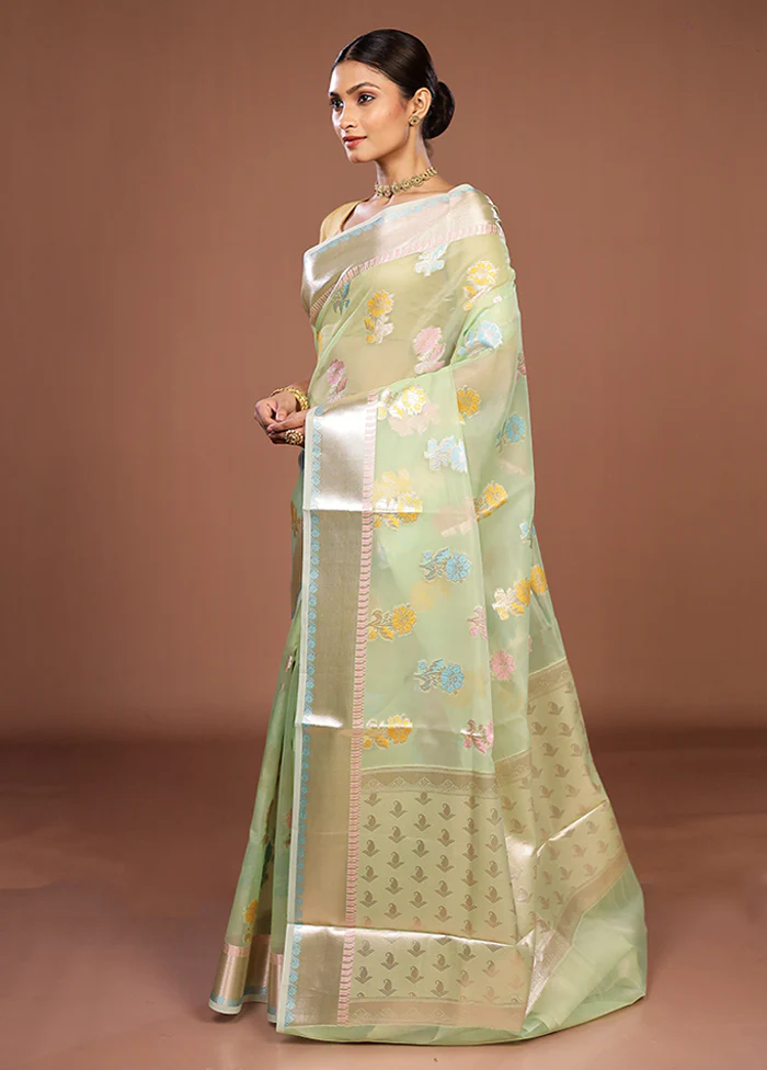 Green Organza Saree With Blouse Piece - Image 4
