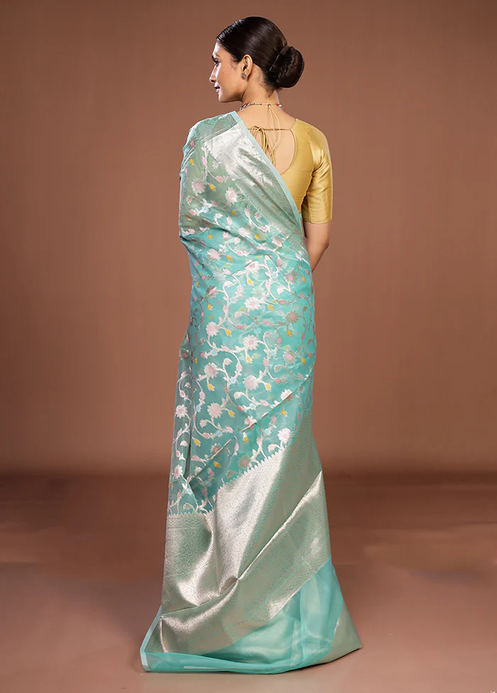 Green Organza Saree With Blouse Piece - Image 3