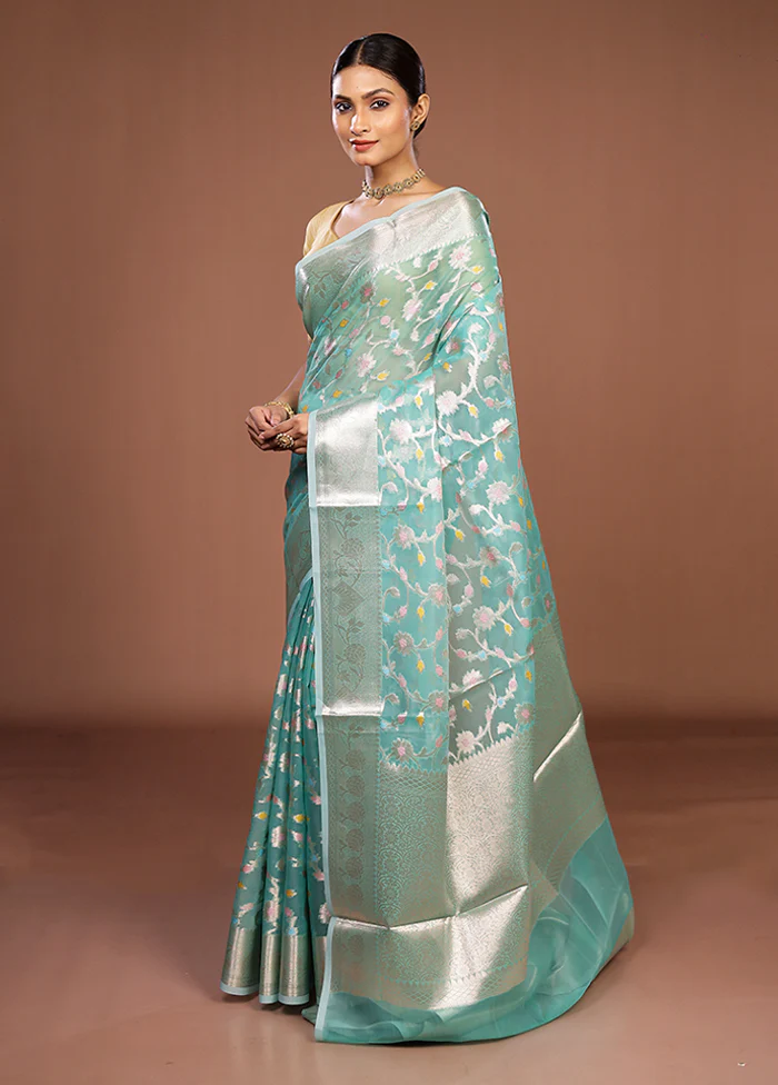 Green Organza Saree With Blouse Piece - Image 4
