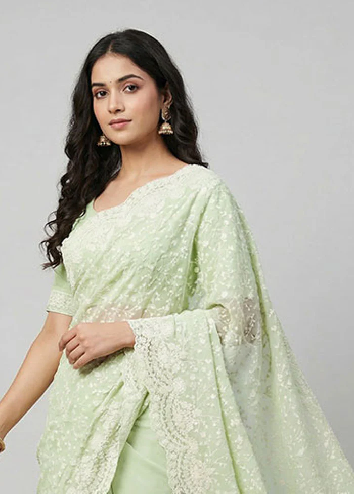 Green Organza Saree With Blouse Piece - Image 2