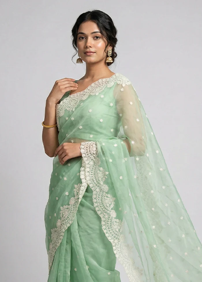 Green Organza Saree With Blouse Piece - Image 2