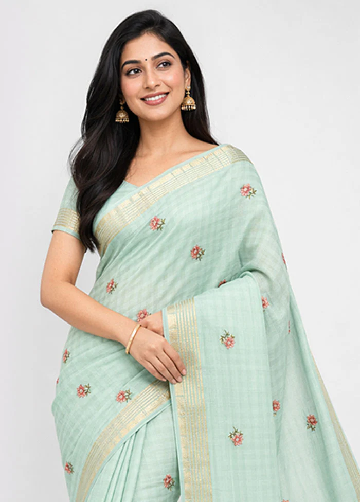 Green Organza Saree With Blouse Piece - Image 2