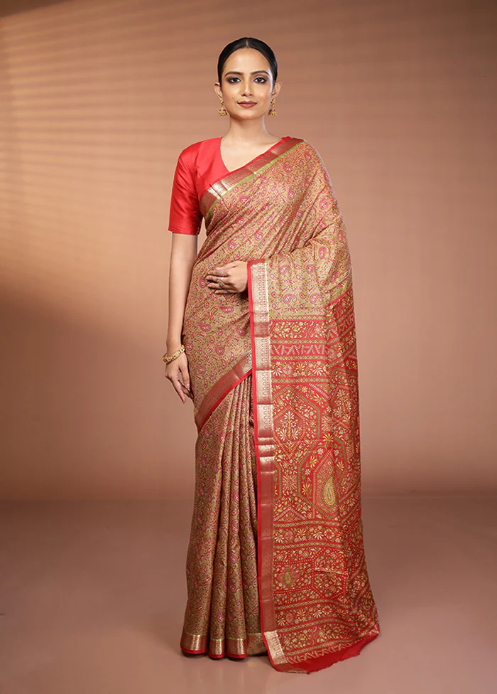 Green Printed Pure Silk Saree Without Blouse Piece - Image 2