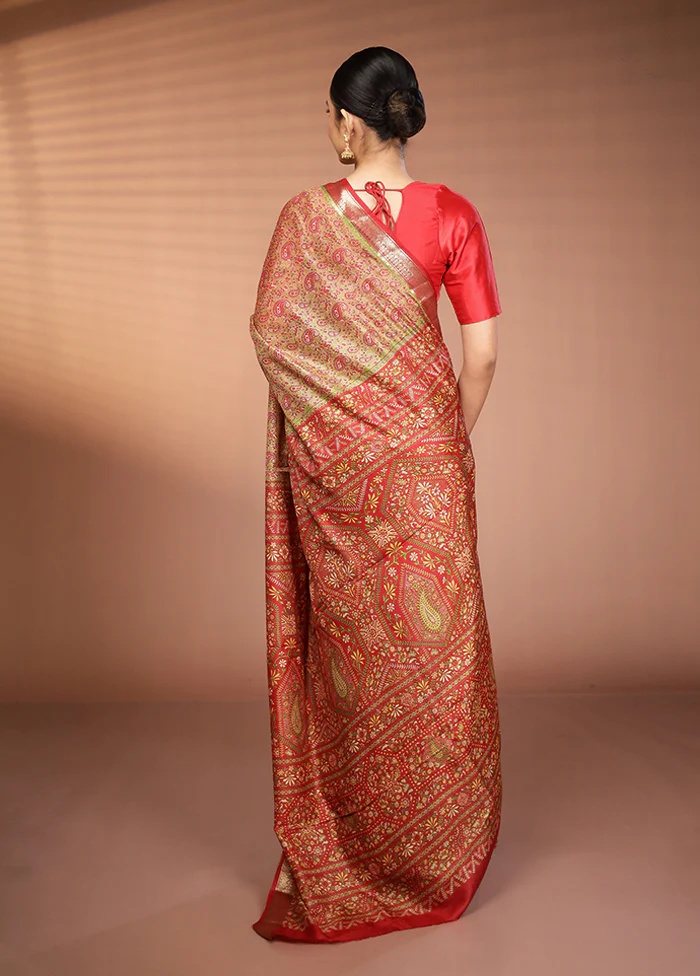 Green Printed Pure Silk Saree Without Blouse Piece - Image 3