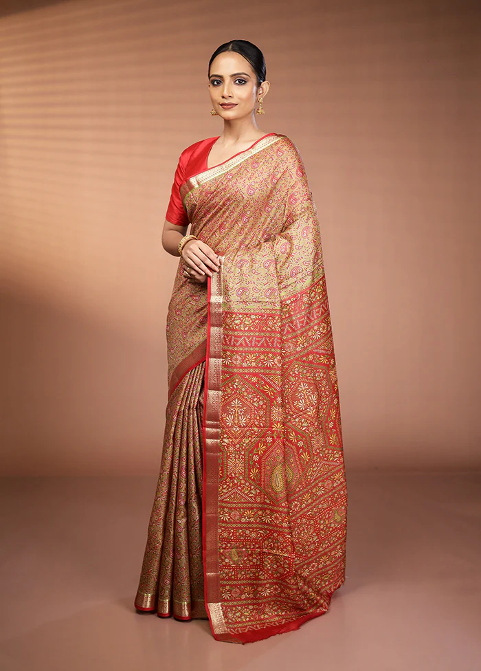Green Printed Pure Silk Saree Without Blouse Piece - Image 4