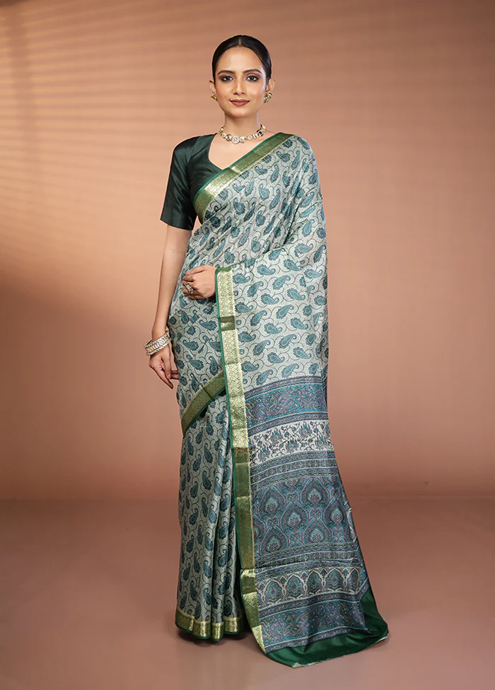 Green Printed Pure Silk Saree Without Blouse Piece - Image 2
