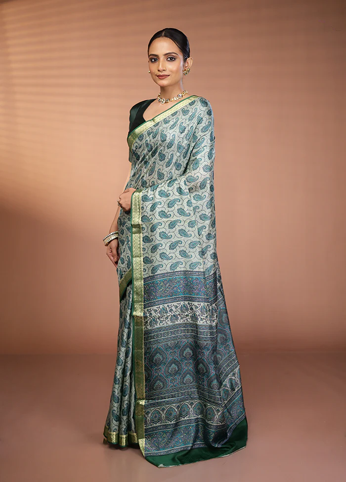 Green Printed Pure Silk Saree Without Blouse Piece - Image 4