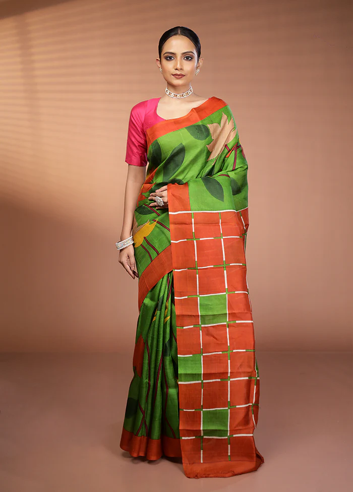 Green Printed Pure Silk Saree Without Blouse Piece - Image 2