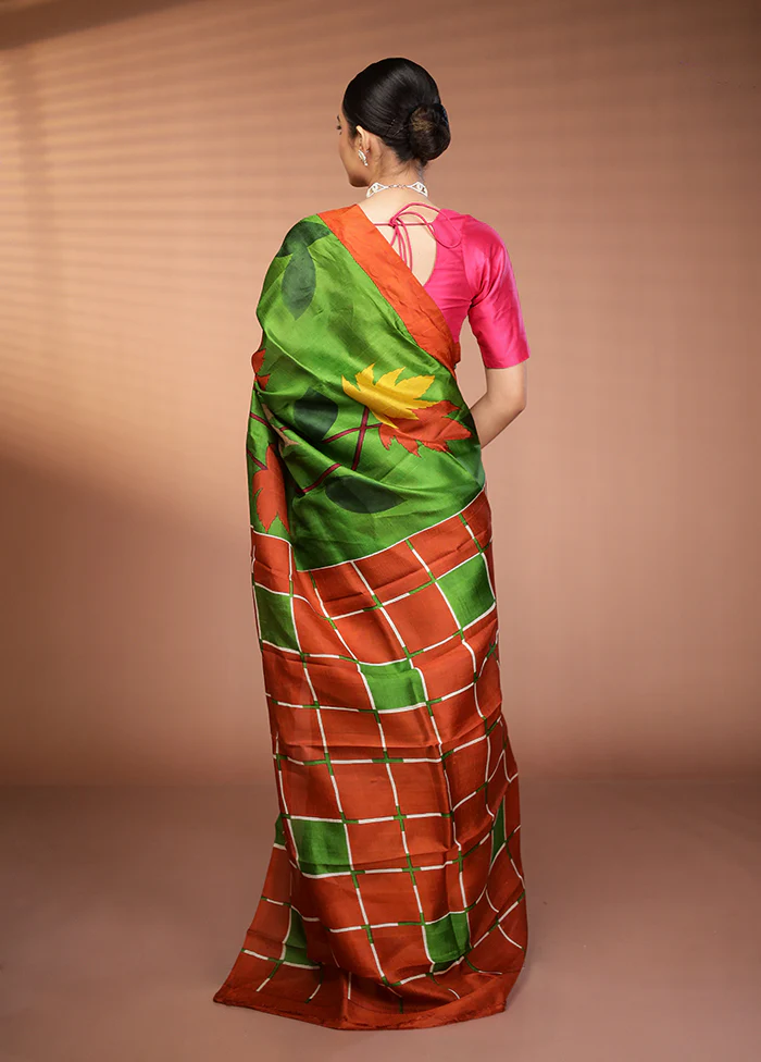 Green Printed Pure Silk Saree Without Blouse Piece - Image 3