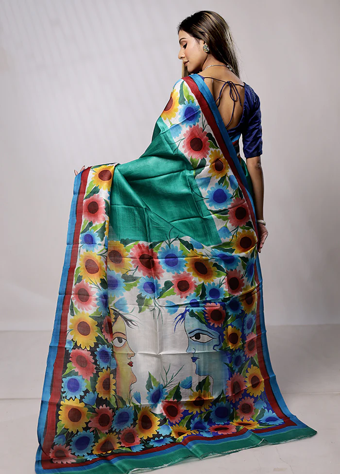 Green Printed Silk Saree Without Blouse Piece - Image 3