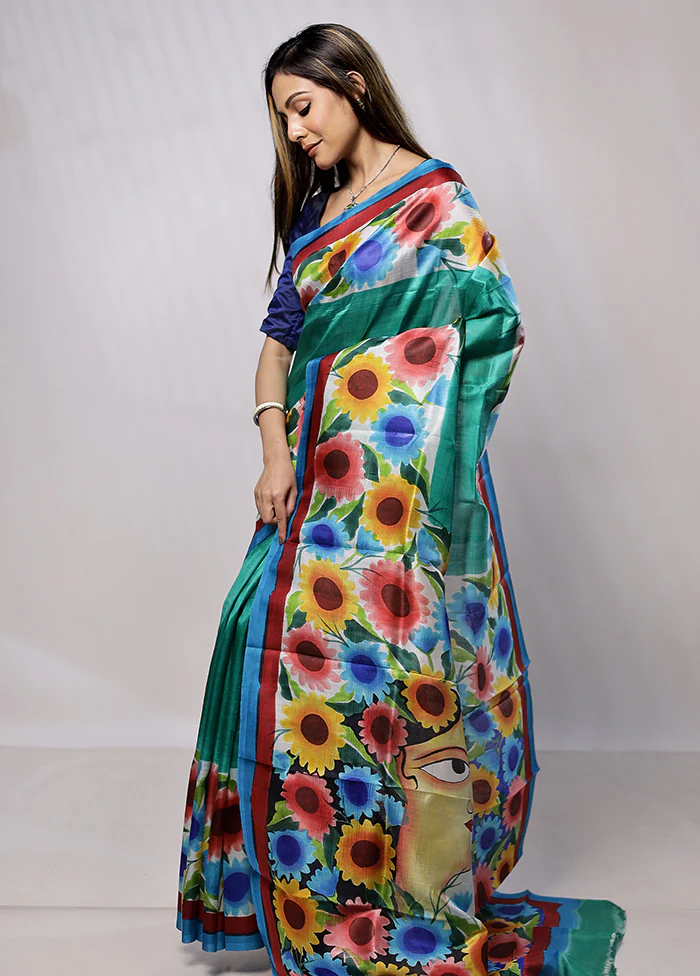 Green Printed Silk Saree Without Blouse Piece - Image 4