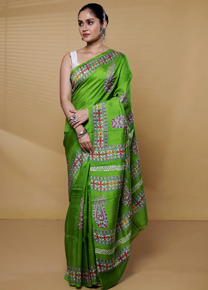 Green Printed Pure Silk Saree Without Blouse Piece - Image 2