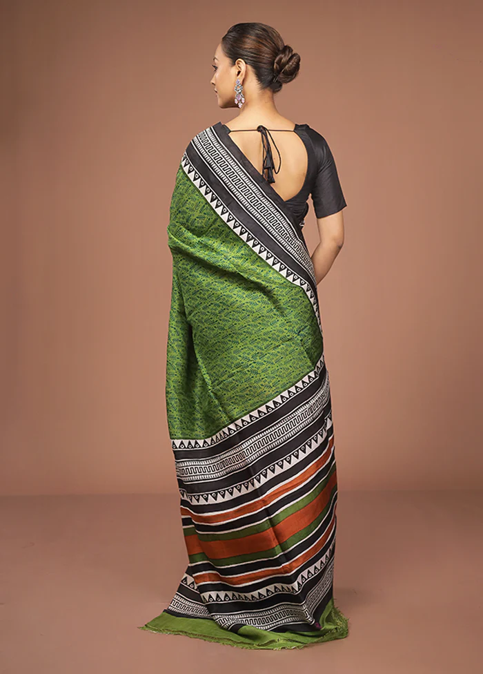 Green Printed Pure Silk Saree Without Blouse Piece - Image 3