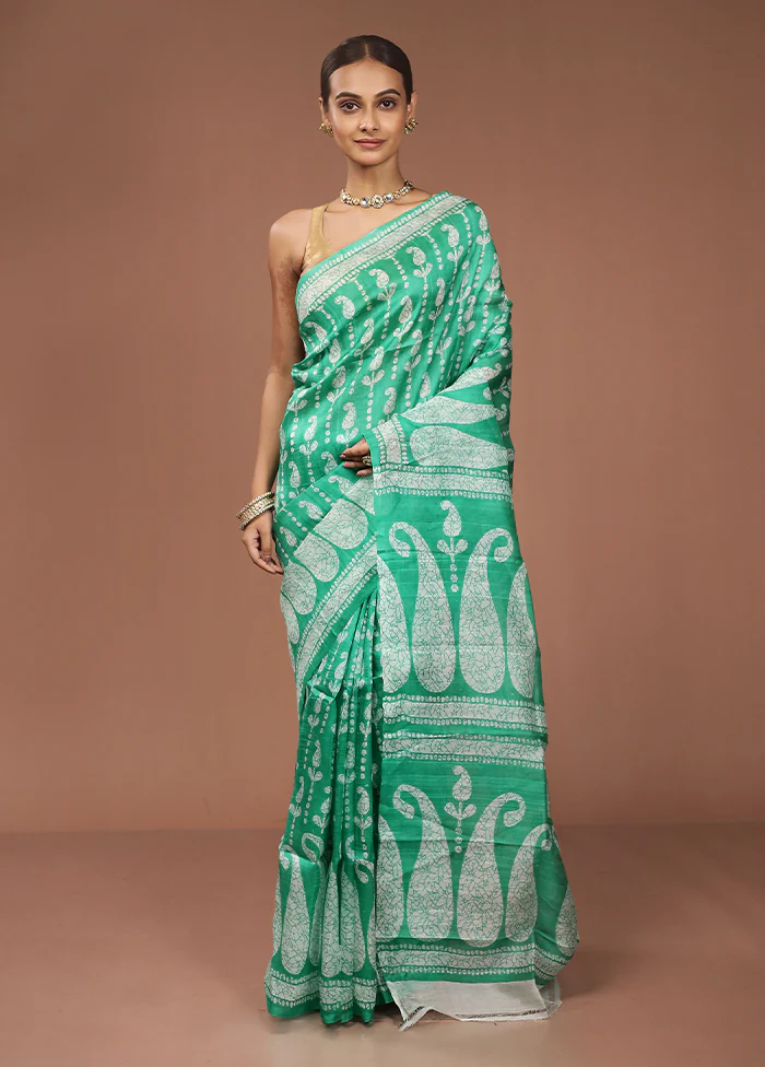 Green Printed Pure Silk Saree Without Blouse Piece - Image 2