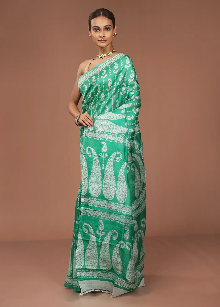 Green Printed Pure Silk Saree Without Blouse Piece - Image 4