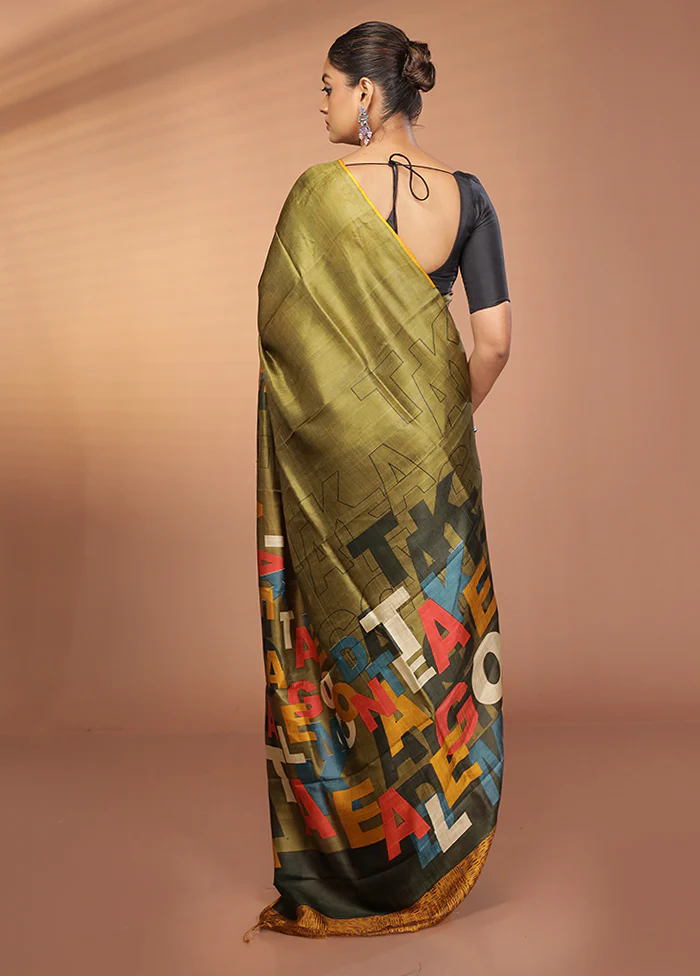 Green Printed Pure Silk Saree Without Blouse Piece - Image 3