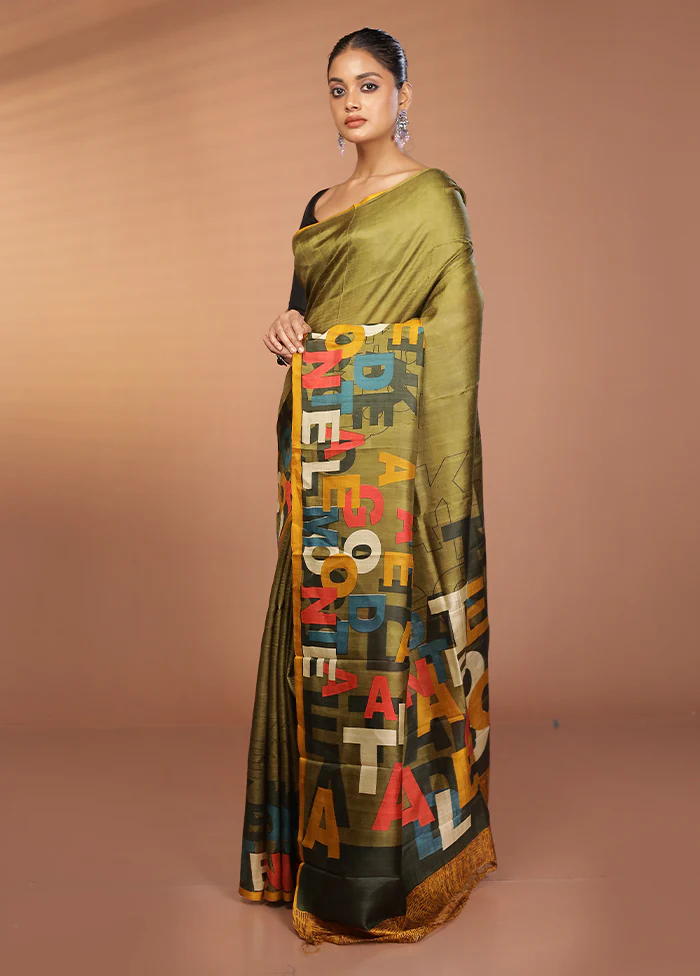 Green Printed Pure Silk Saree Without Blouse Piece - Image 4