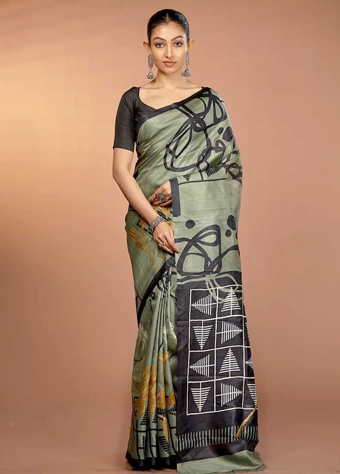 Green Printed Pure Silk Saree Without Blouse Piece - Image 2