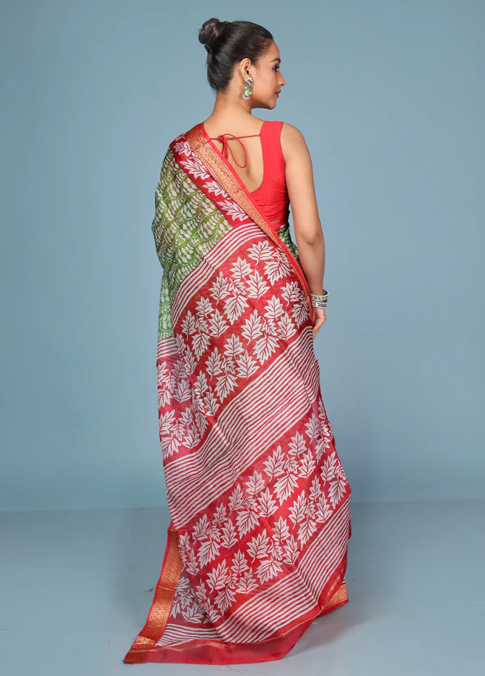 Green Printed Pure Silk Saree Without Blouse Piece - Image 3