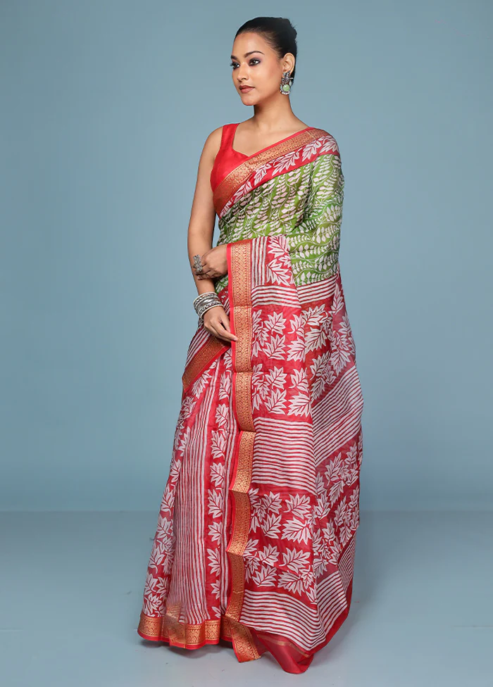 Green Printed Pure Silk Saree Without Blouse Piece - Image 4