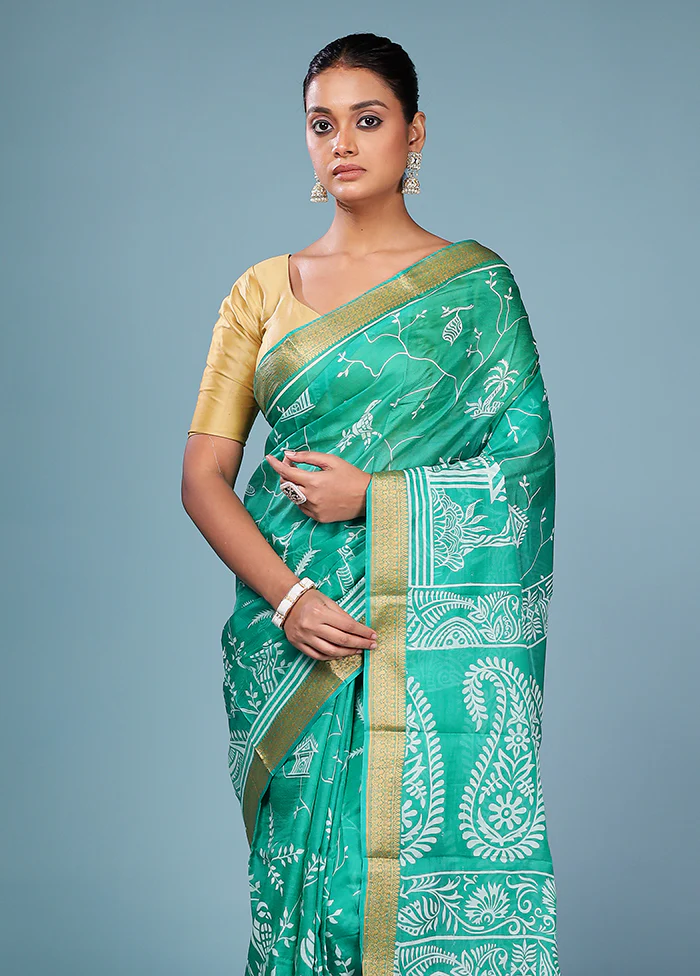 Green Printed Pure Silk Saree Without Blouse Piece