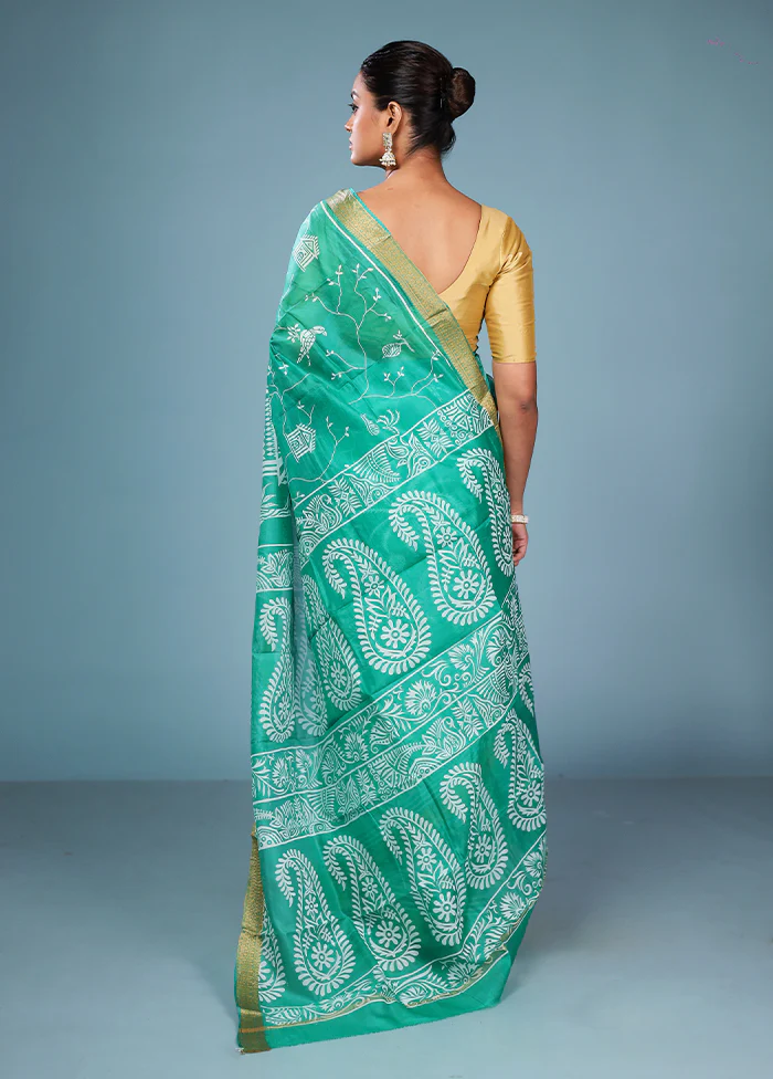 Green Printed Pure Silk Saree Without Blouse Piece - Image 3