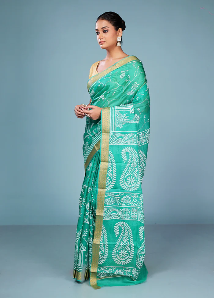 Green Printed Pure Silk Saree Without Blouse Piece - Image 4