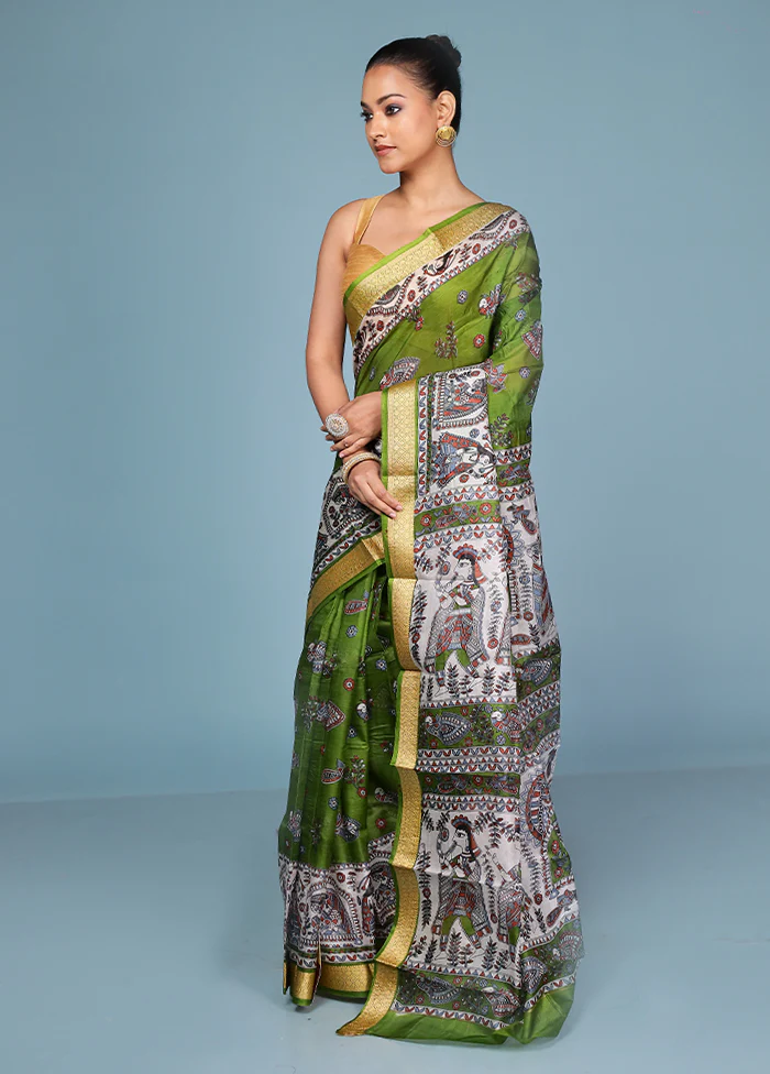 Green Printed Pure Silk Saree Without Blouse Piece - Image 4