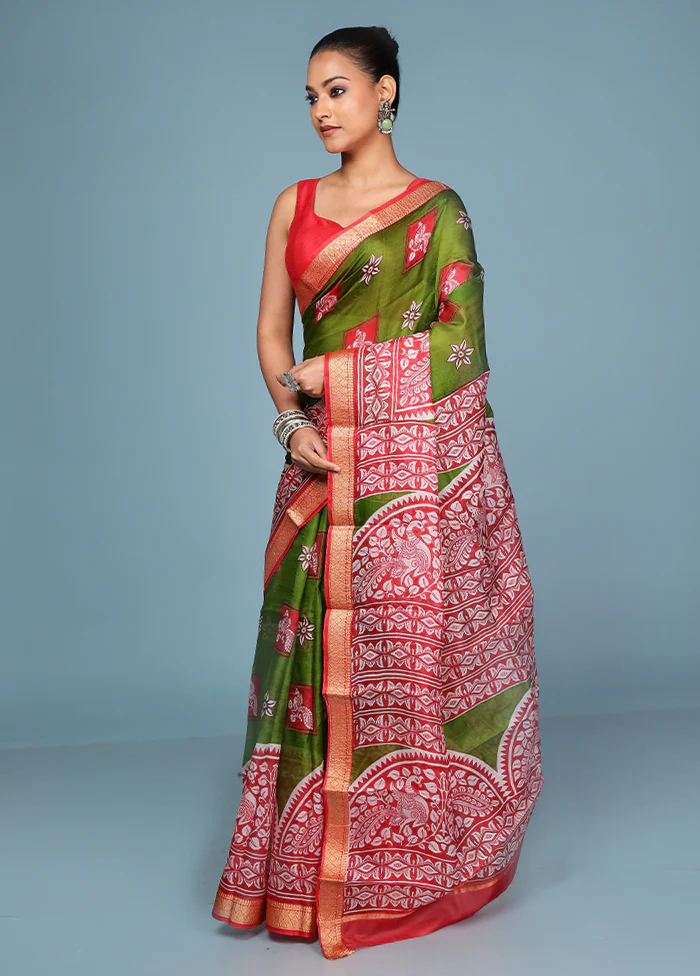 Green Printed Pure Silk Saree Without Blouse Piece - Image 4