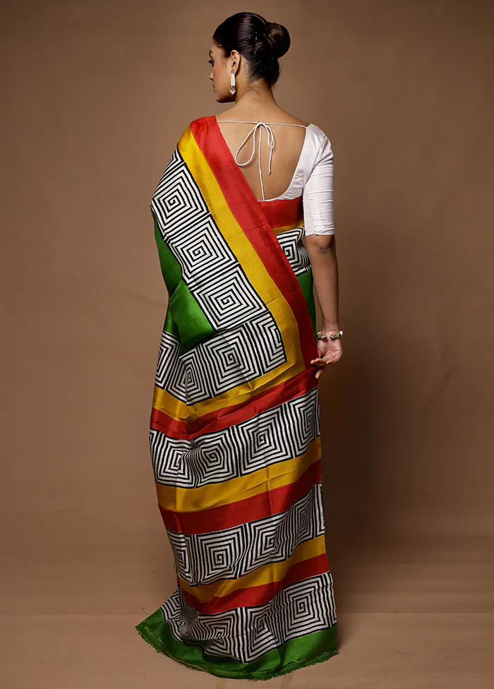 Green Printed Pure Silk Saree Without Blouse Piece - Image 3
