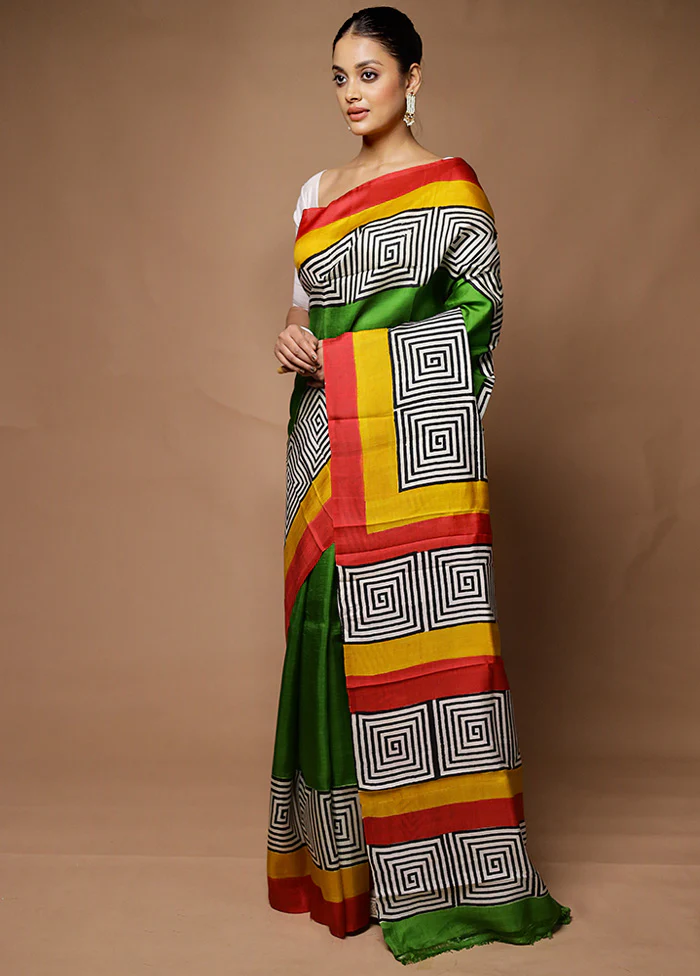 Green Printed Pure Silk Saree Without Blouse Piece - Image 4