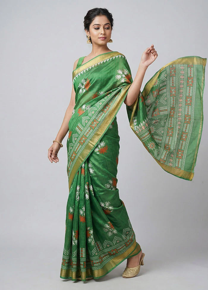 Green Printed Silk Saree Without Blouse Piece