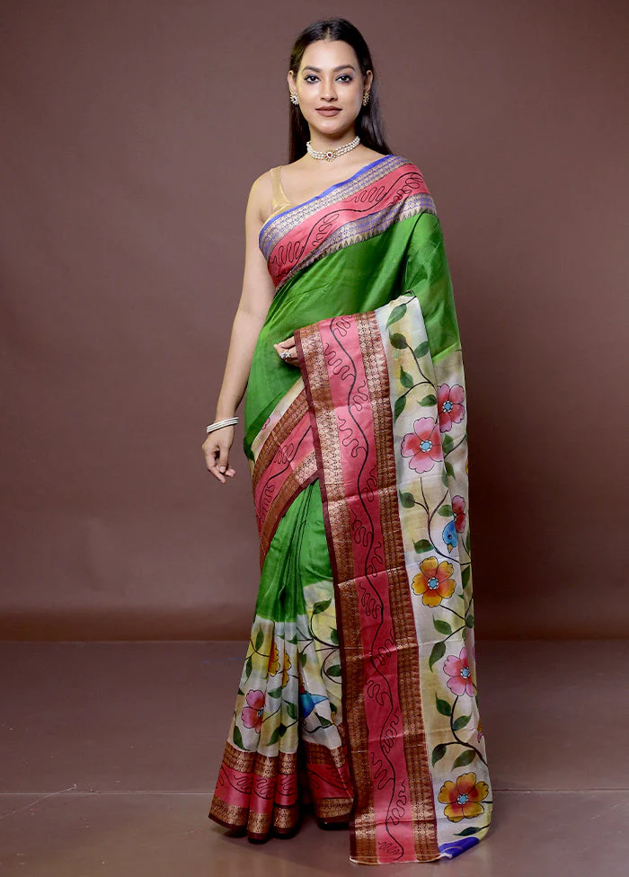 Green Printed Pure Silk Saree Without Blouse Piece - Image 2