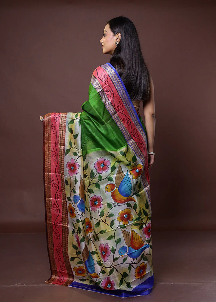 Green Printed Pure Silk Saree Without Blouse Piece - Image 3