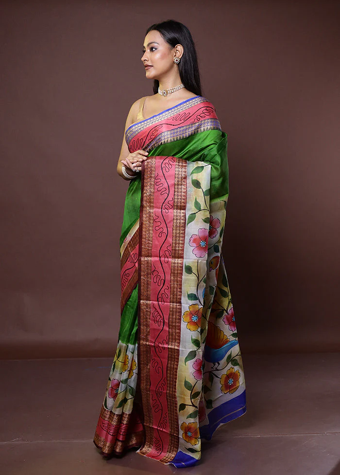 Green Printed Pure Silk Saree Without Blouse Piece - Image 4