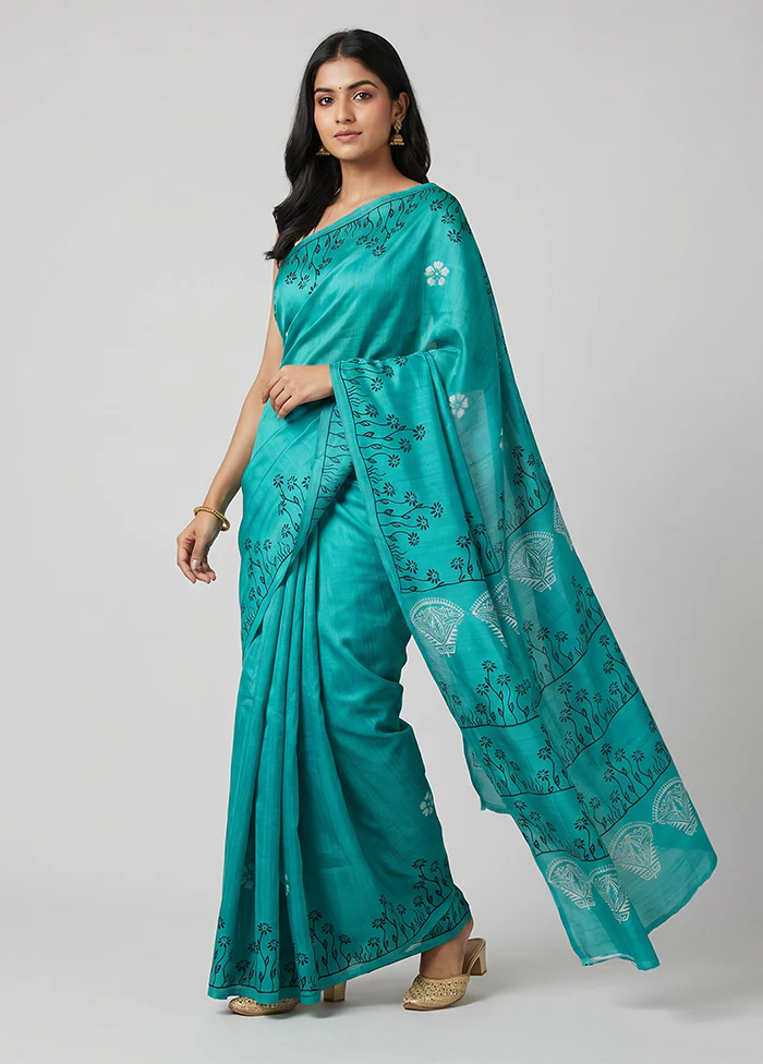 Green Printed Pure Silk Saree Without Blouse Piece