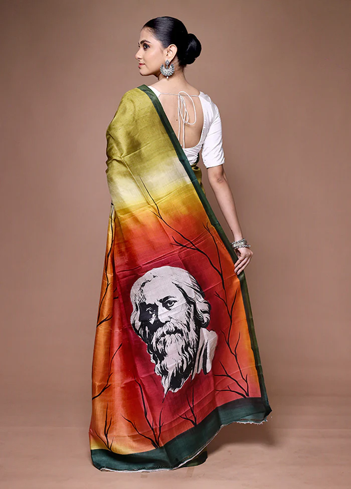 Green Printed Silk Saree Without Blouse Piece - Image 3