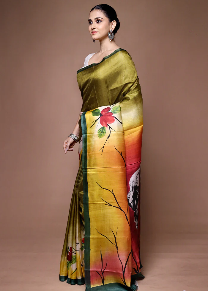 Green Printed Silk Saree Without Blouse Piece - Image 4