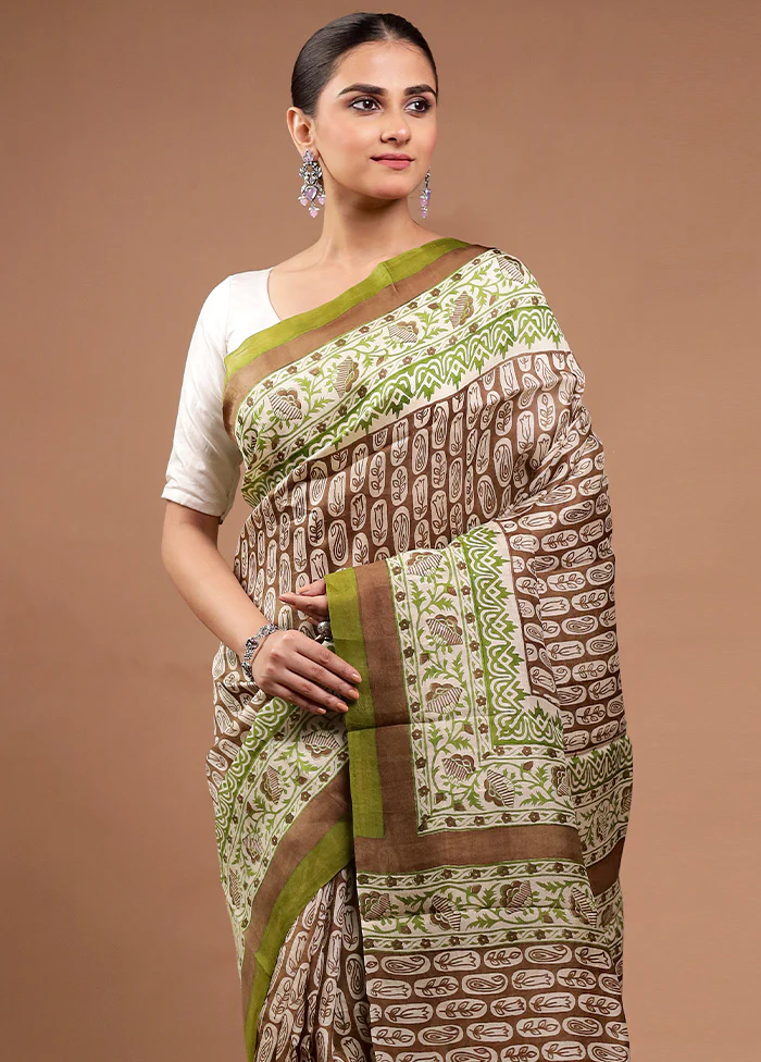 Green Printed Pure Silk Saree Without Blouse Piece - Image 2