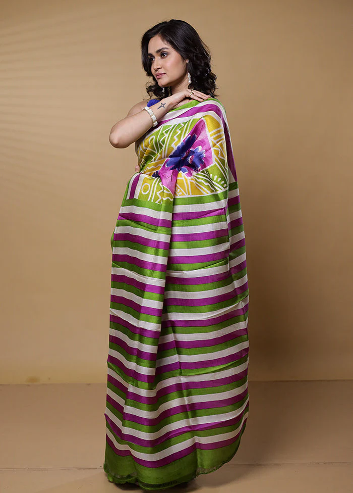 Green Printed Pure Silk Saree Without Blouse Piece - Image 4