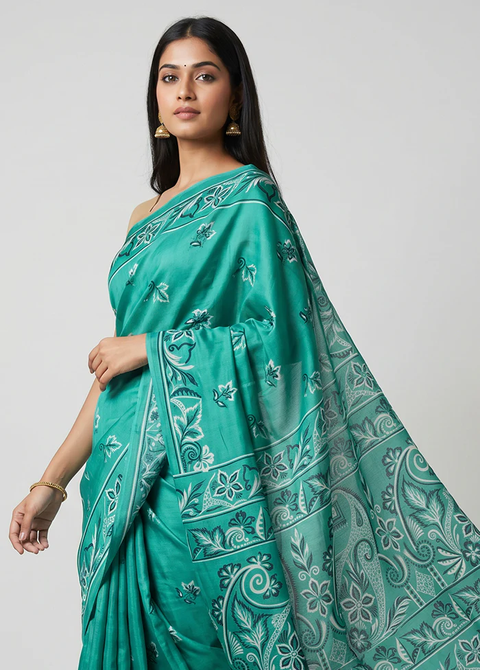 Green Printed Silk Saree Without Blouse Piece - Image 2