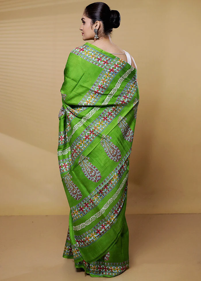 Green Printed Pure Silk Saree Without Blouse Piece - Image 3
