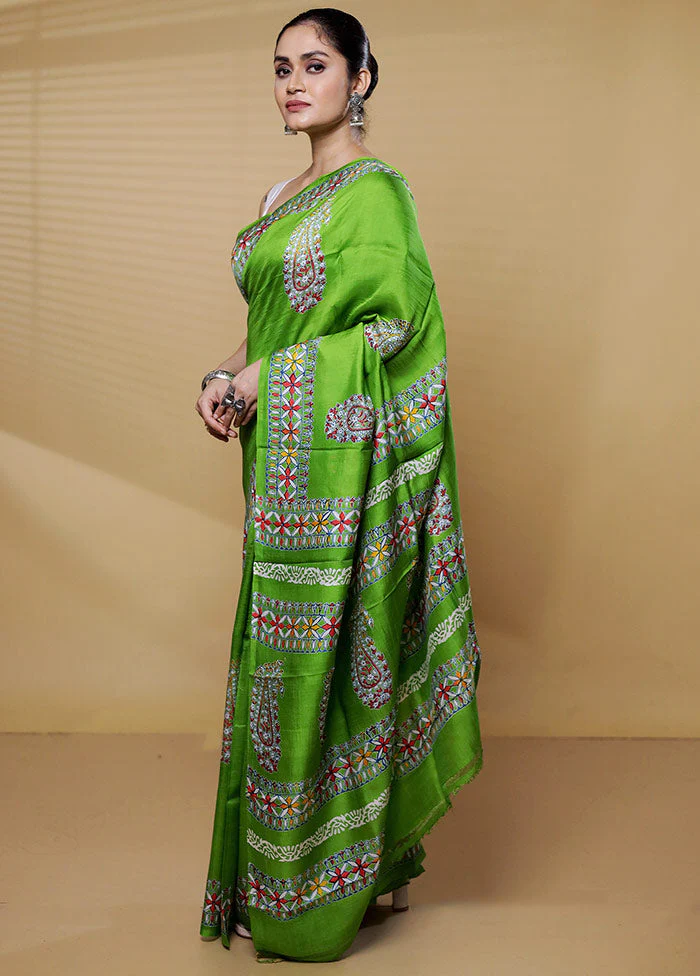 Green Printed Pure Silk Saree Without Blouse Piece - Image 4
