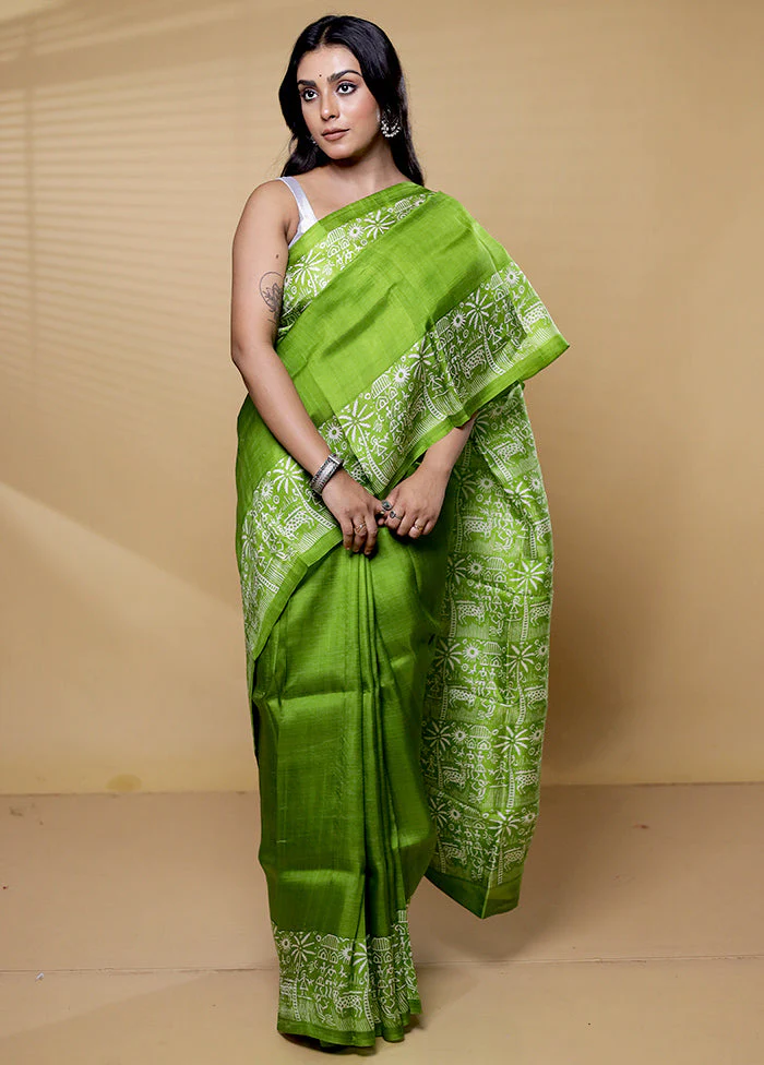 Green Printed Pure Silk Saree Without Blouse Piece - Image 2