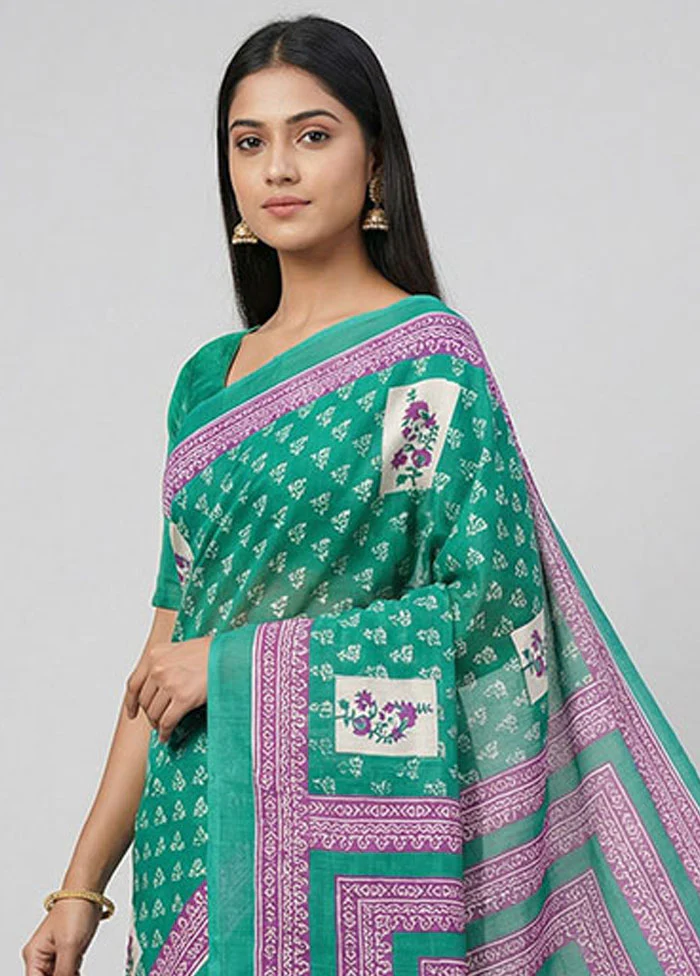 Green Printed Silk Saree Without Blouse Piece - Image 2
