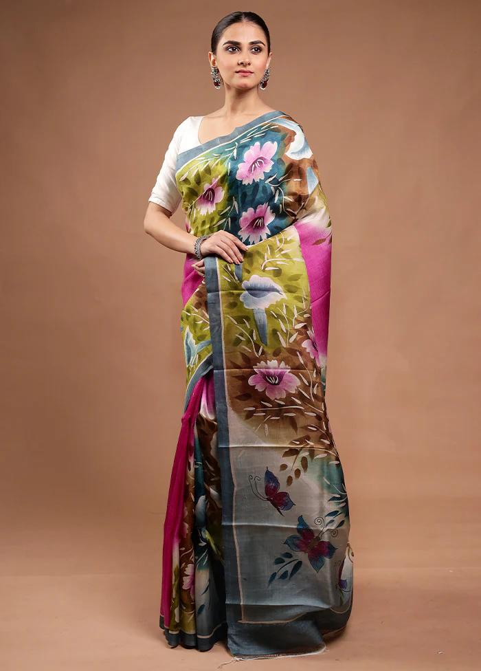 Green Printed Pure Silk Saree Without Blouse Piece - Image 4