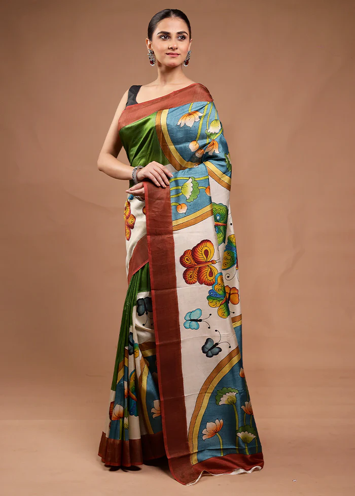 Green Printed Pure Silk Saree Without Blouse Piece - Image 4