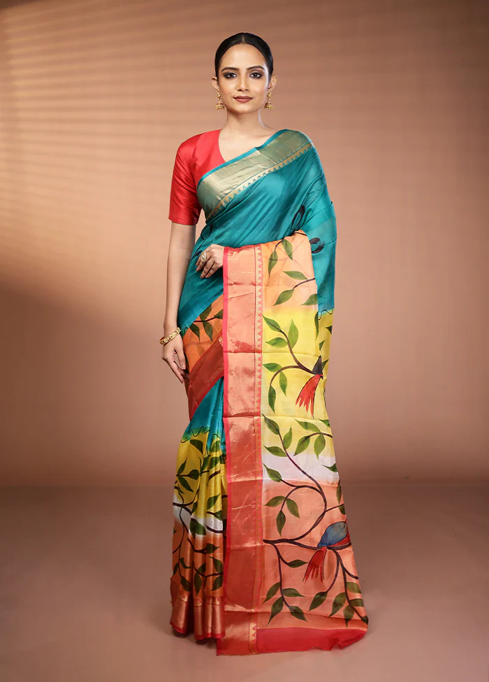 Green Printed Pure Silk Saree Without Blouse Piece - Image 2