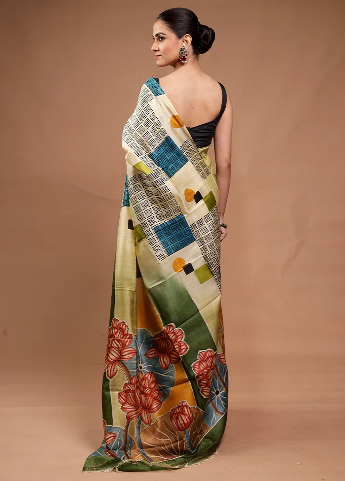 Green Printed Silk Saree Without Blouse Piece - Image 3
